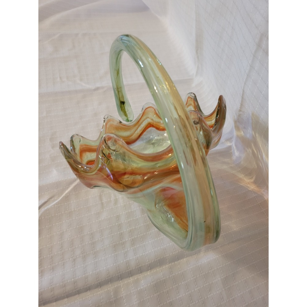 Vintage Hand Blown Art Glass Basket Orange Green Swirl Ruffled Edge Centerpiece - Picture 3 of 6